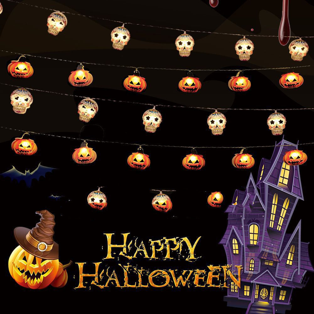 Guirnalda de luces decorativas para Halloween, Guinalda a pilas, distintos motivos, calavera de murciélago y calabaza
