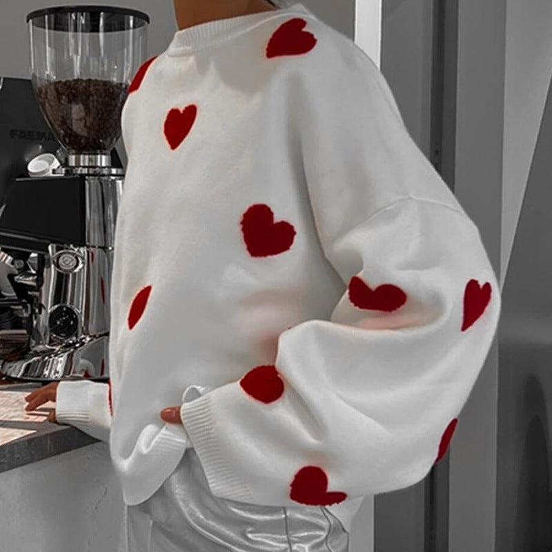 Jersey Con Patrón De Corazón, Jersey Casual De Manga Larga Con Hombros Caídos, Ropa De Mujer