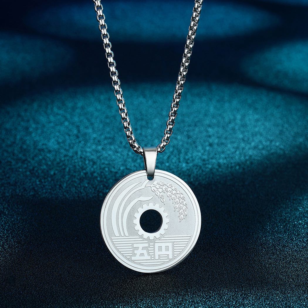 Collar de moneda japonesa para la a suerte, moneda de 5 yenes, joyería de acero inoxidable de círculo redondo