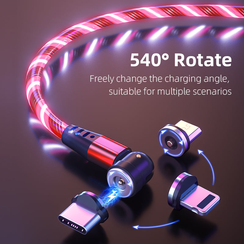 Cable magnético luminoso giratorio, Cable de carga rápida para teléfono móvil, LED, Micro USB, Cable de teléfono celular