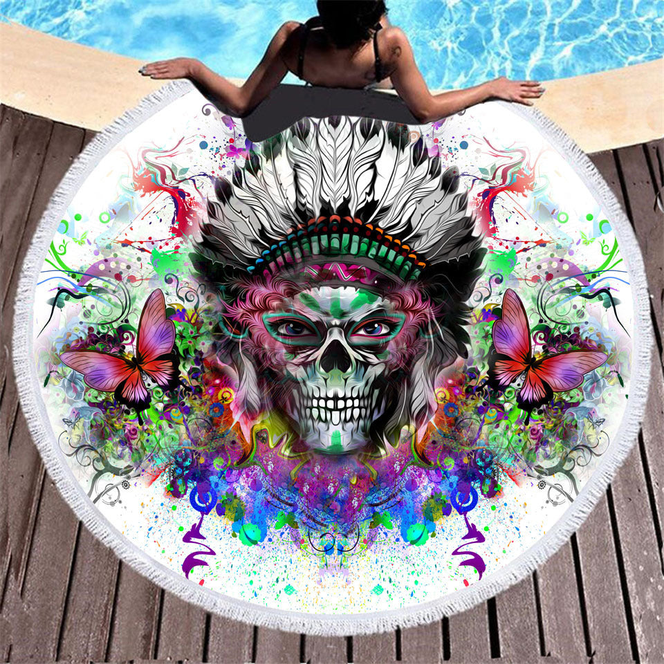 Toalla de playa redonda de algodón y fibra con motivos Mexicanos, ideal para disfrutar en la piscina, en la playa y gran tamaño para usar sobre la arena.