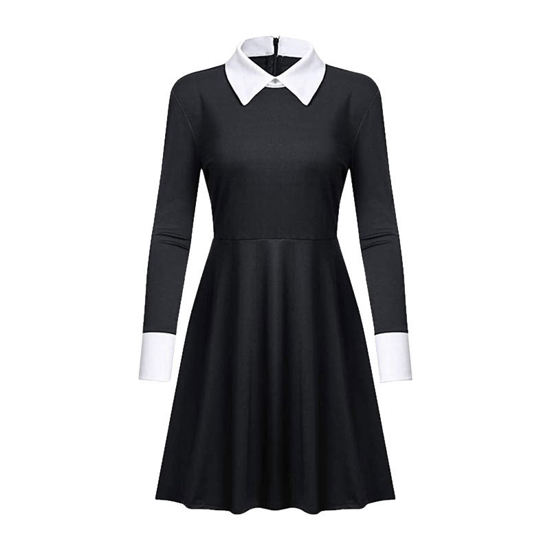 Vestido negro de niña malvada, la huerfana, Merlina de los locos Adams, disfraces para fiestas