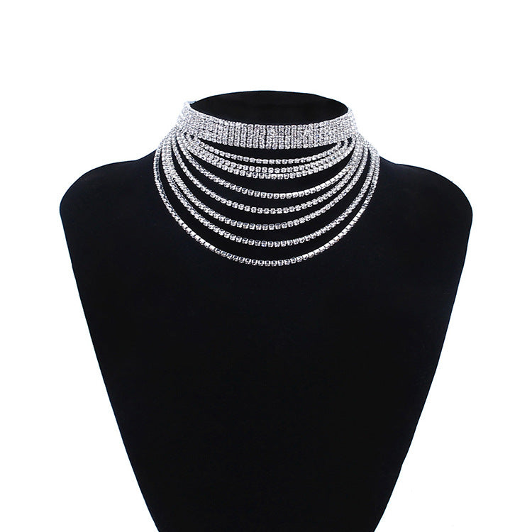 Collar de cadena con borlas de diamantes de imitación, gargantilla brillante varias vueltas en plateado