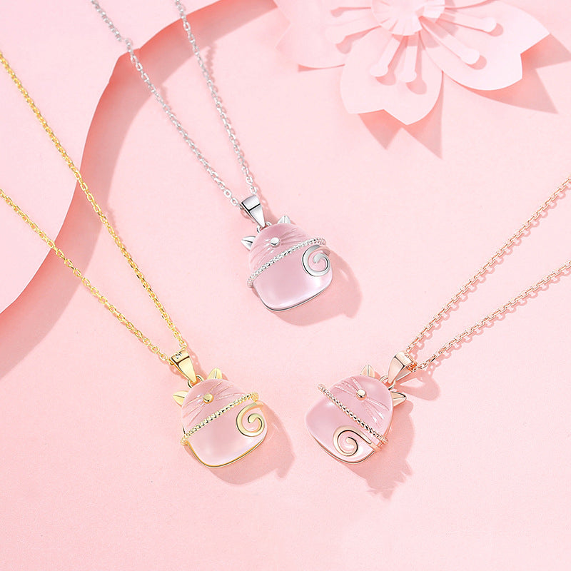 Collar Gato de la Suerte con Cristal Rosa | Plata y Brillo Femenino