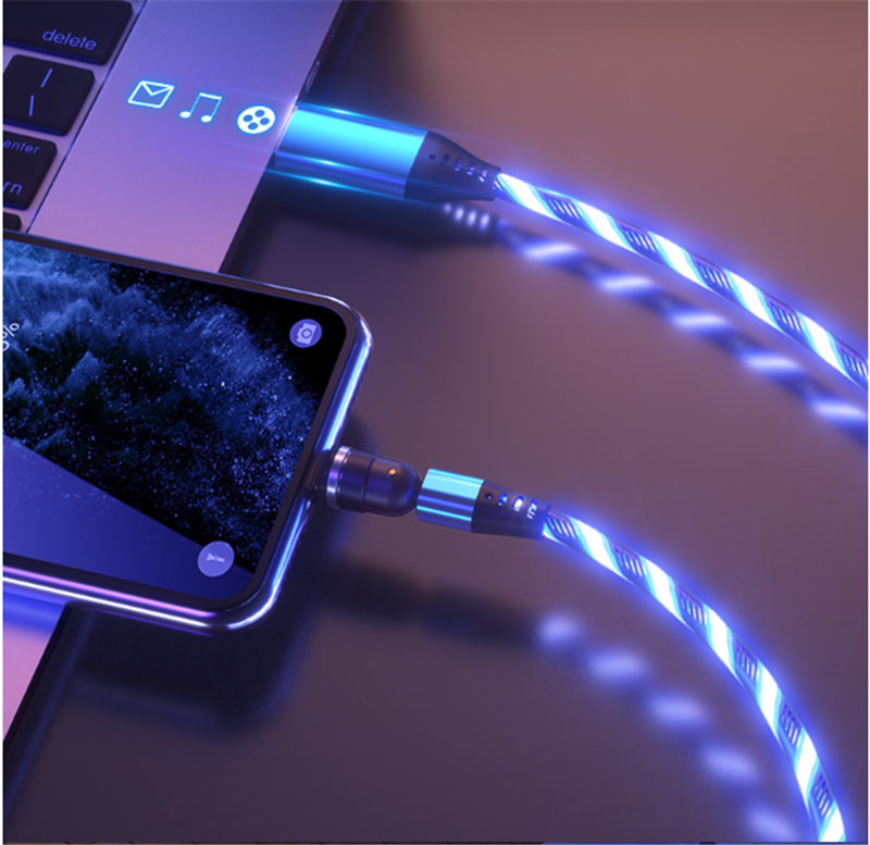 Cable magnético luminoso giratorio, Cable de carga rápida para teléfono móvil, LED, Micro USB, Cable de teléfono celular