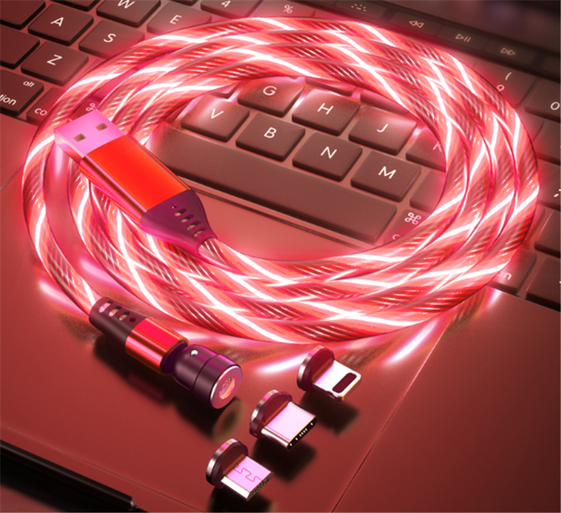 Cable magnético luminoso giratorio, Cable de carga rápida para teléfono móvil, LED, Micro USB, Cable de teléfono celular
