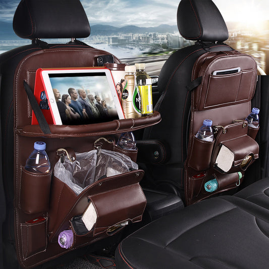 Organizador Colgante de Asiento para Auto | Bandeja + Bote de Basura + Múltiples Bolsillos