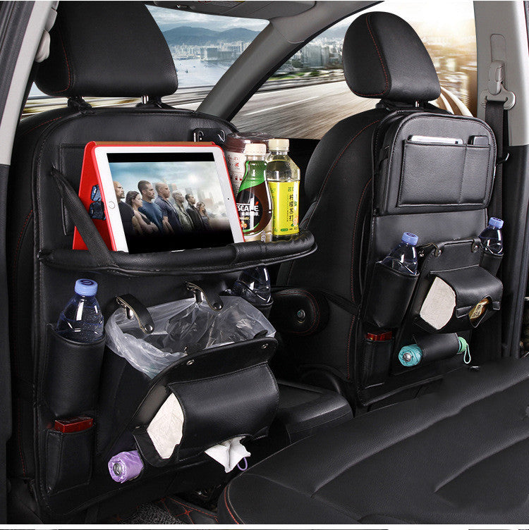 Organizador Colgante de Asiento para Auto | Bandeja + Bote de Basura + Múltiples Bolsillos