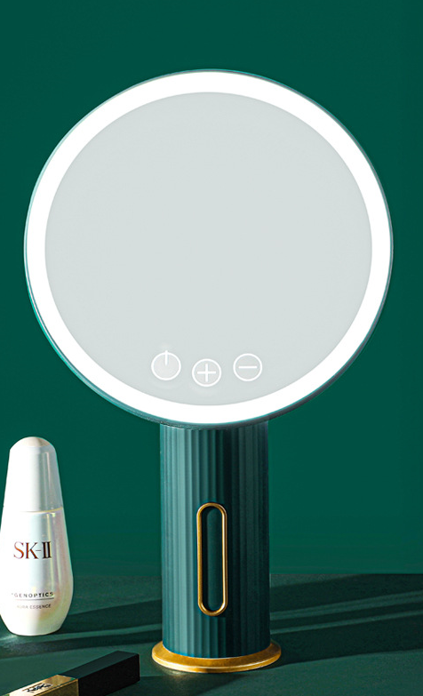 Espejo de maquillaje de luz LED para apoyar en escritorio, botones digitales y distintas posiciones de movimiento.
