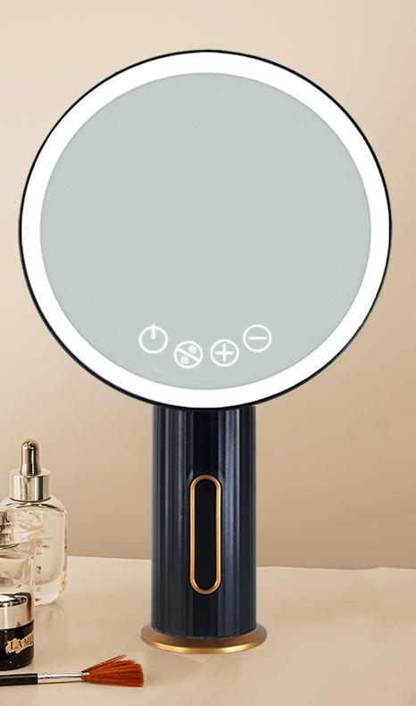 Espejo de maquillaje de luz LED para apoyar en escritorio, botones digitales y distintas posiciones de movimiento.