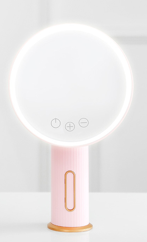 Espejo de maquillaje de luz LED para apoyar en escritorio, botones digitales y distintas posiciones de movimiento.