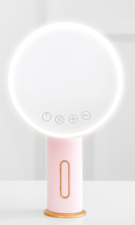 Espejo de maquillaje de luz LED para apoyar en escritorio, botones digitales y distintas posiciones de movimiento.