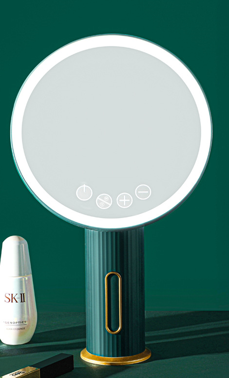 Espejo de maquillaje de luz LED para apoyar en escritorio, botones digitales y distintas posiciones de movimiento.