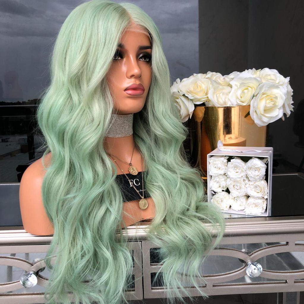 Peluca de pelo sintético para mujeres, pelo rizado verde de excelente calidad