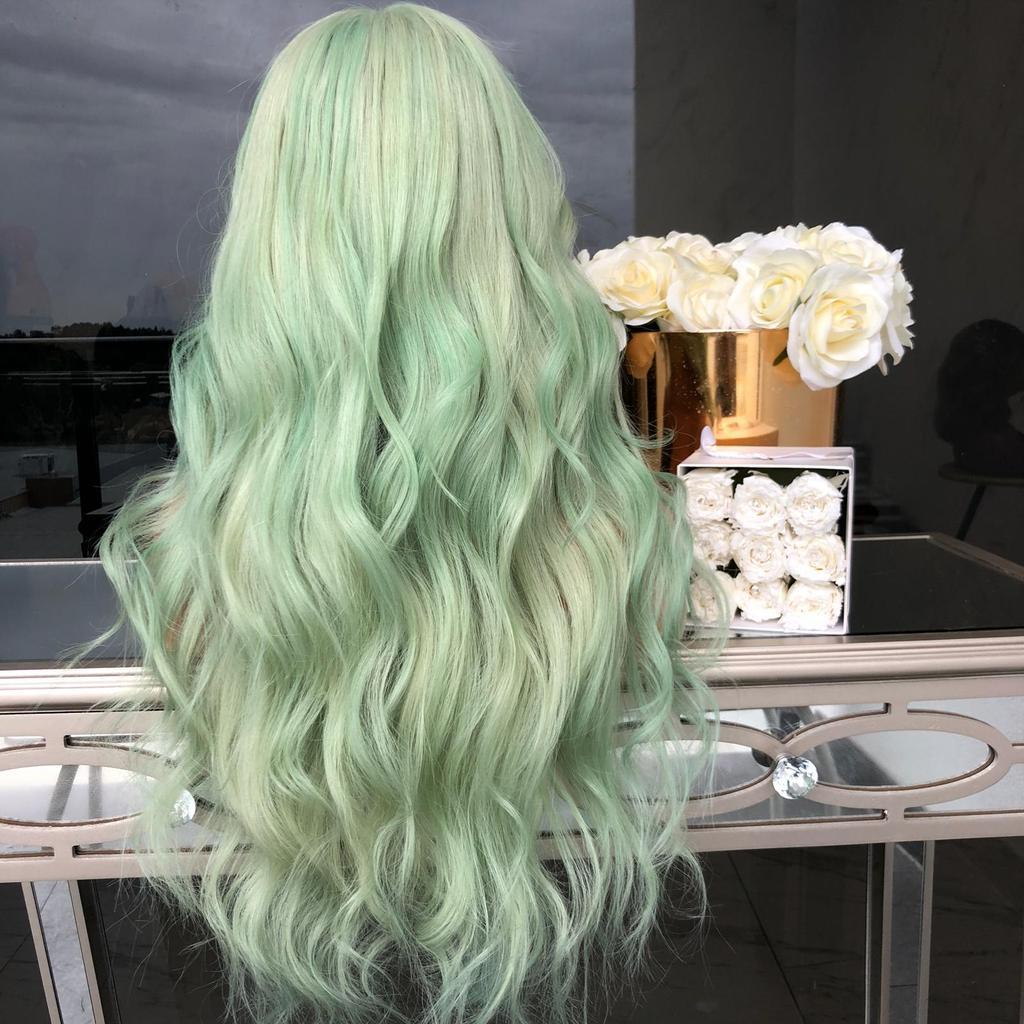 Peluca de pelo sintético para mujeres, pelo rizado verde de excelente calidad