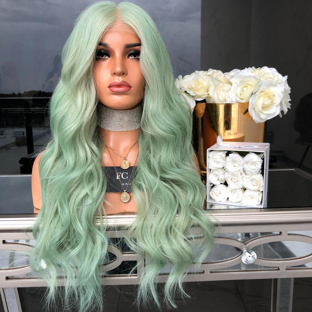 Peluca de pelo sintético para mujeres, pelo rizado verde de excelente calidad