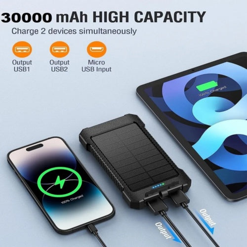 Cargador portátil supercargador solar con 2 USB y linternas LED de 30 000 mAh