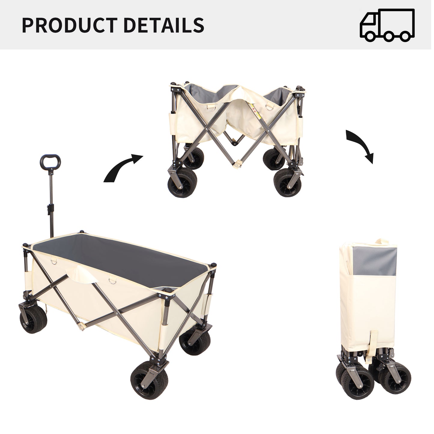 Carro plegable, práctico y resistente para la playa, con ruedas grandes, asas ajustables y portavasos