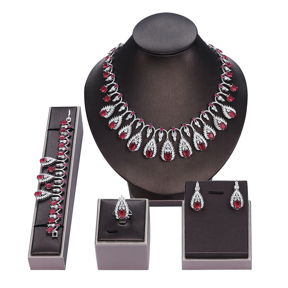 Joyería nupcial de circón brillante traje joyería de mujer, conjunto de piedras preciosas, Collar+colgantes*1 par+anillo+pulsera