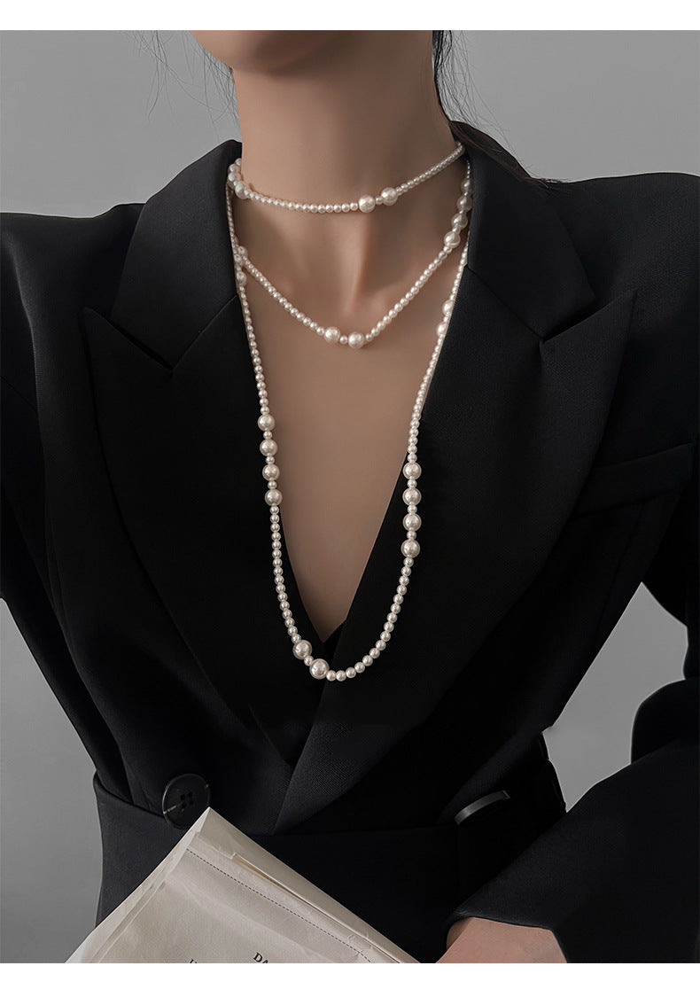 Collar de perlas multicapa largo retro francés