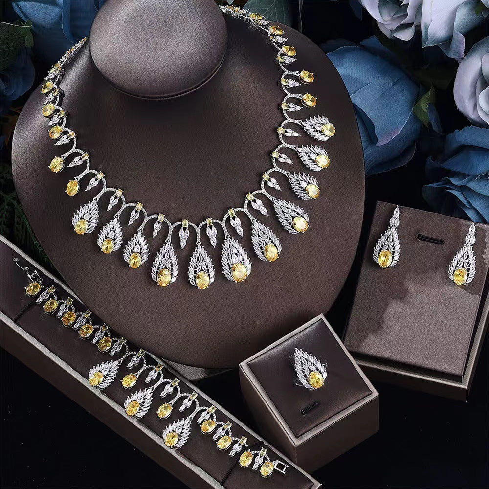 Joyería nupcial de circón brillante traje joyería de mujer, conjunto de piedras preciosas, Collar+colgantes*1 par+anillo+pulsera