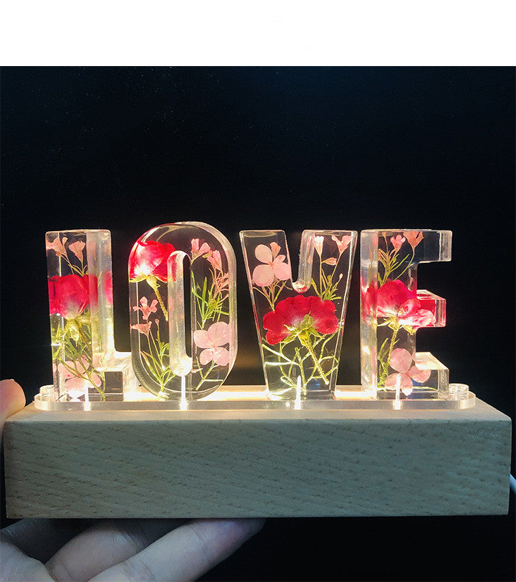 Lámpara de mesa con letras de amor, luz nocturna creativa con flores secas Luz LED decorativa