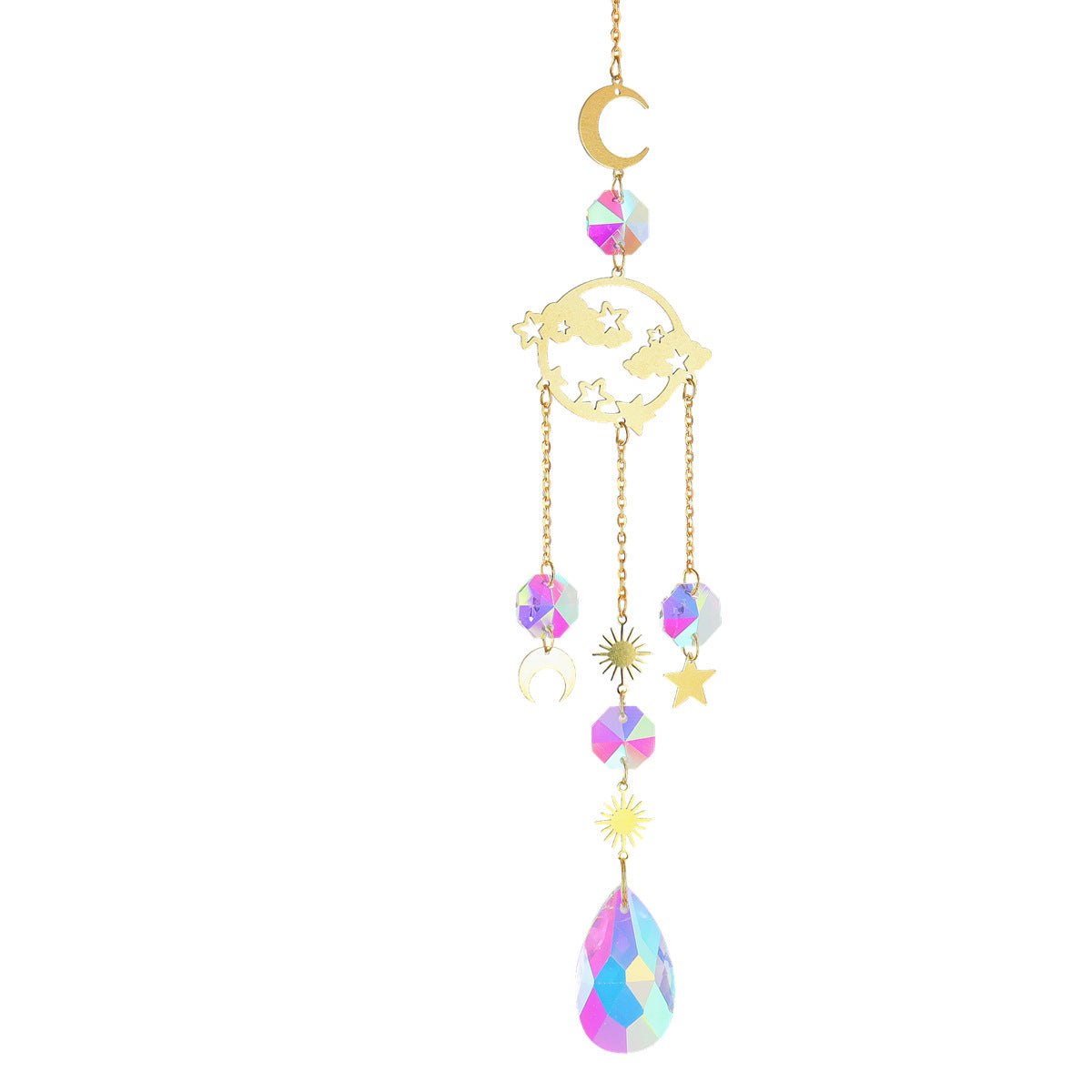 Colgante de decoración de jardín, colgante de cristal en forma de estrellas y lunas brillantes con la luz del día, bellísimo para decorar