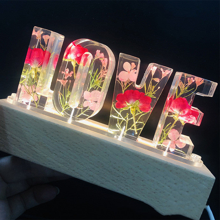 Lámpara de mesa con letras de amor, luz nocturna creativa con flores secas Luz LED decorativa