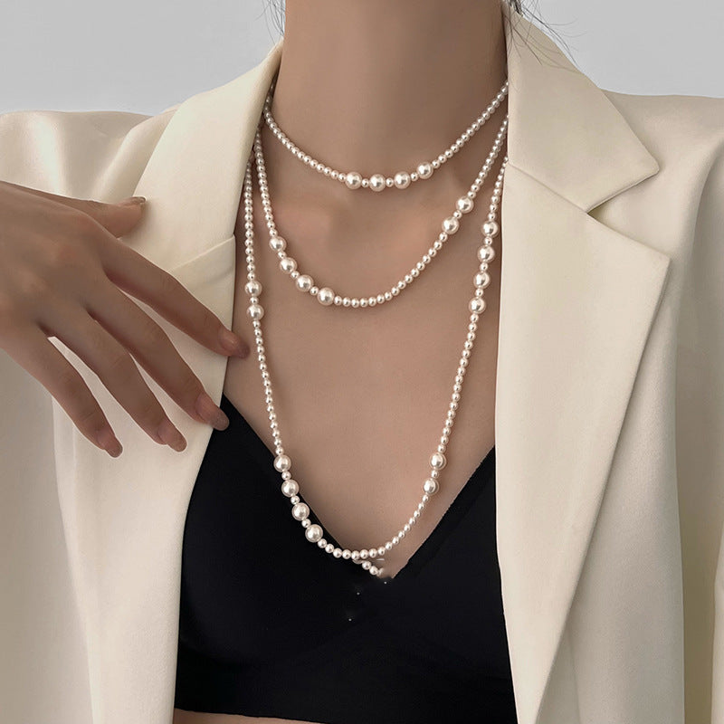 Collar de perlas multicapa largo retro francés