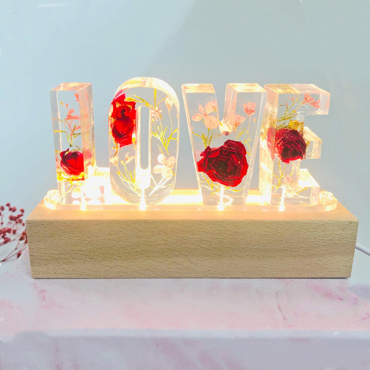 Lámpara de mesa con letras de amor, luz nocturna creativa con flores secas Luz LED decorativa