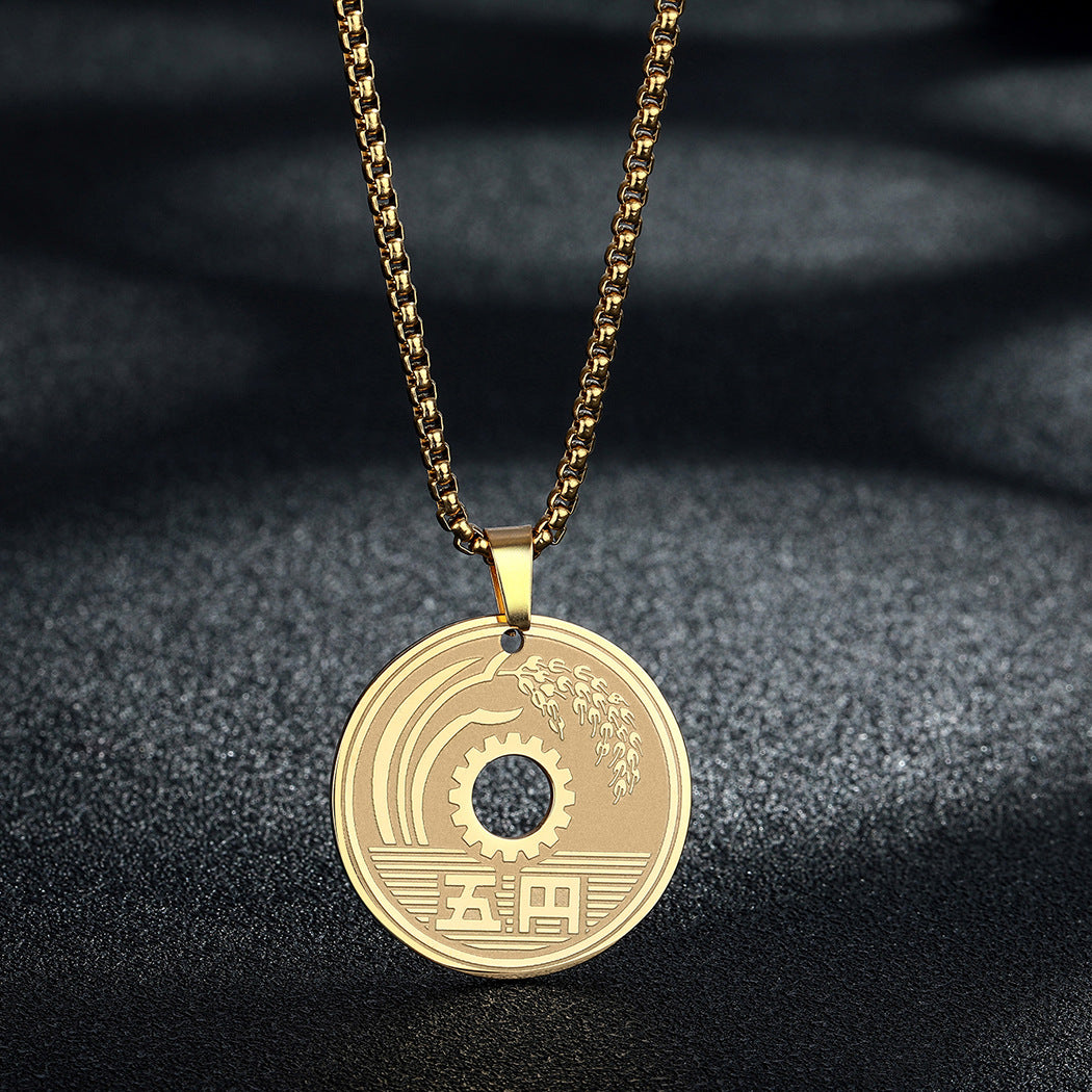 Collar de moneda japonesa para la a suerte, moneda de 5 yenes, joyería de acero inoxidable de círculo redondo