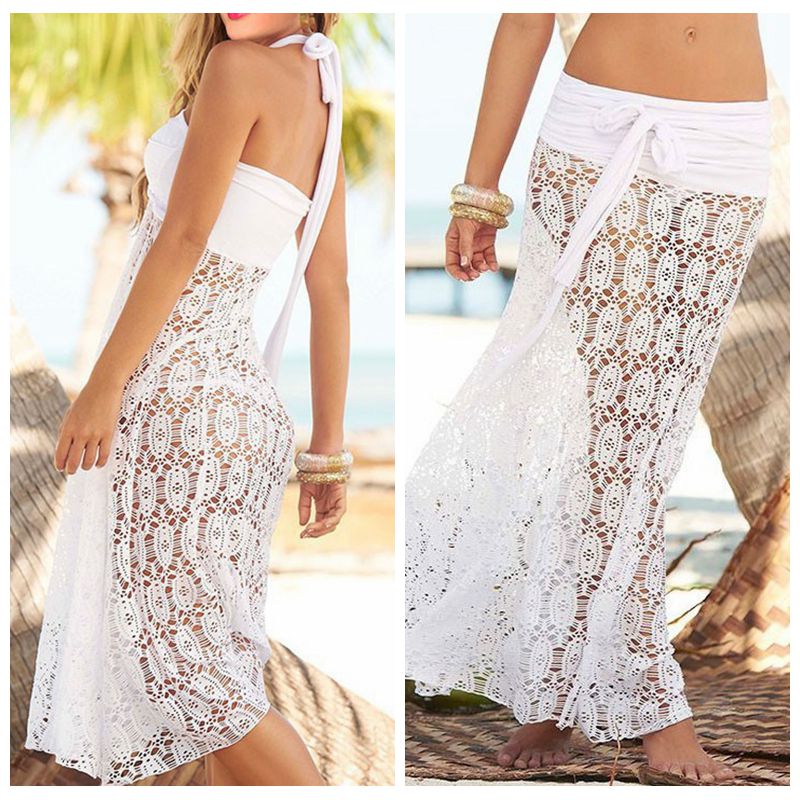 Falda de playa de encaje Bikini , hermoso pareo largo calado con encaje