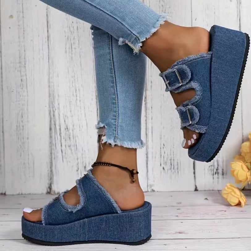 Sandalias de mezclilla de moda para verano, con plataforma de 5 cm, zapatillas