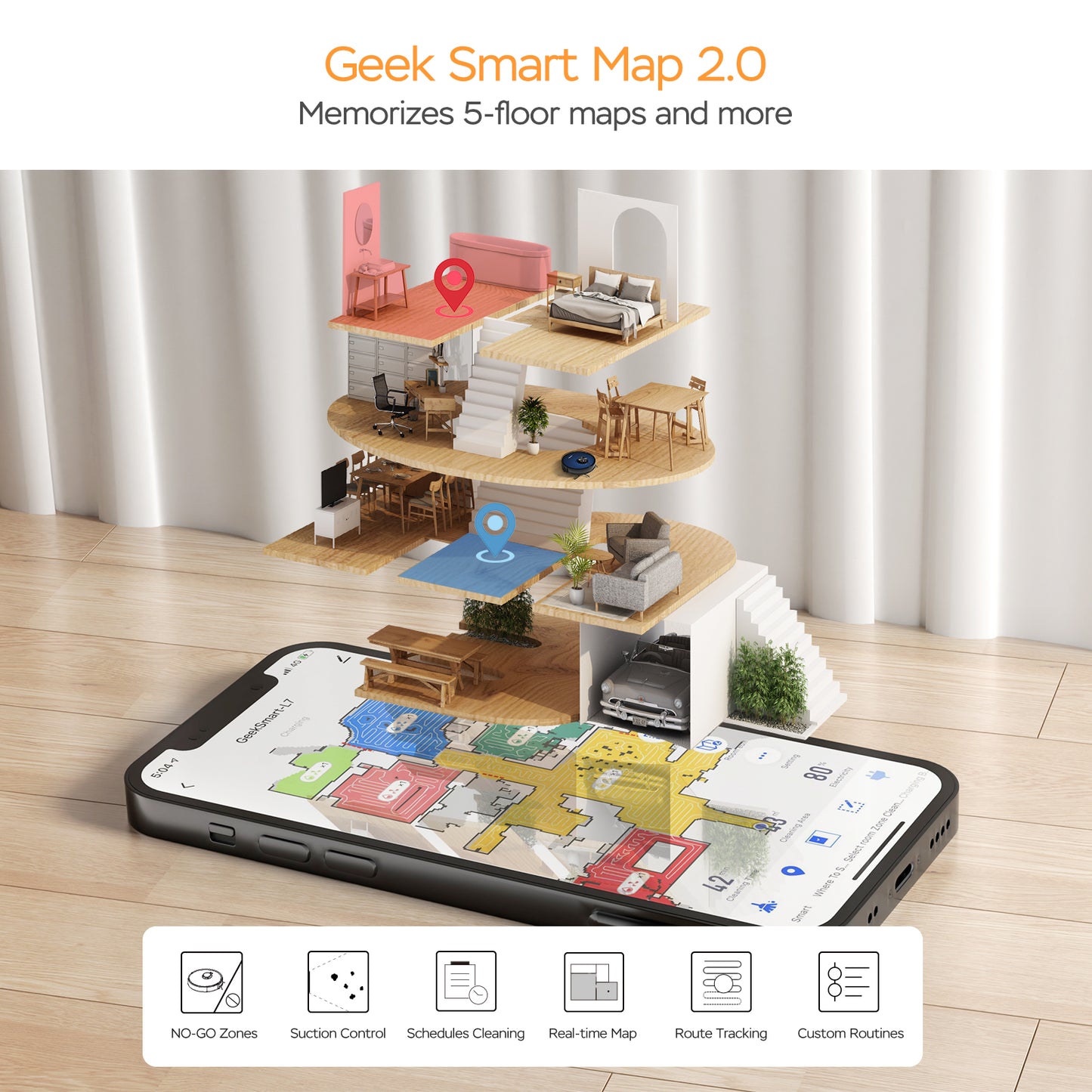 Robot aspirador y trapeador Geek Smart L7, navegación LDS, aplicación conectada a Wi-Fi, limpieza selectiva de habitaciones, succión MAX 2700 PA, ideal para mascotas y hogares más grandes