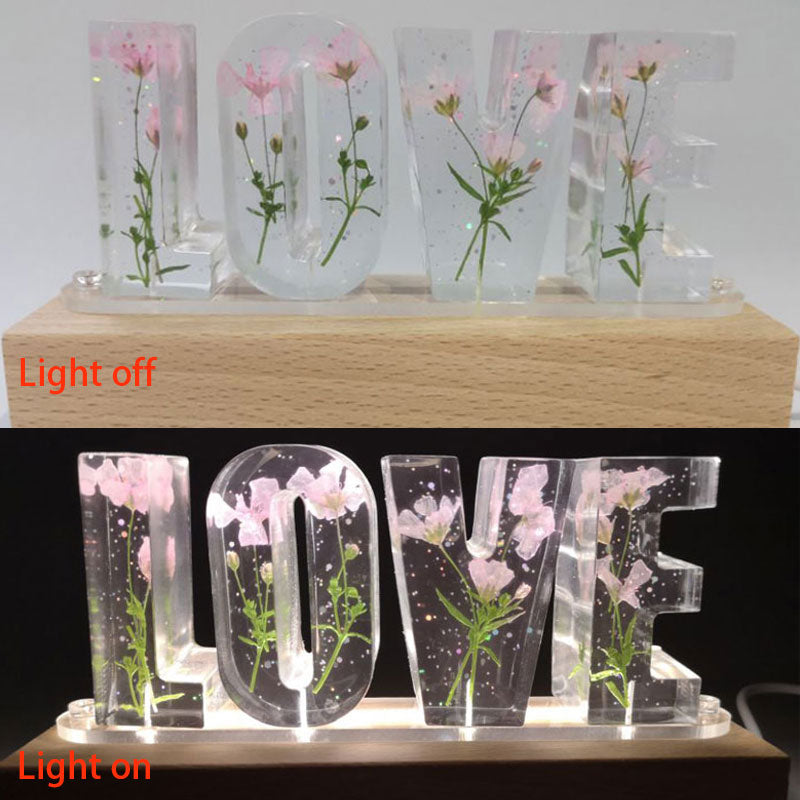 Lámpara de mesa con letras de amor, luz nocturna creativa con flores secas Luz LED decorativa