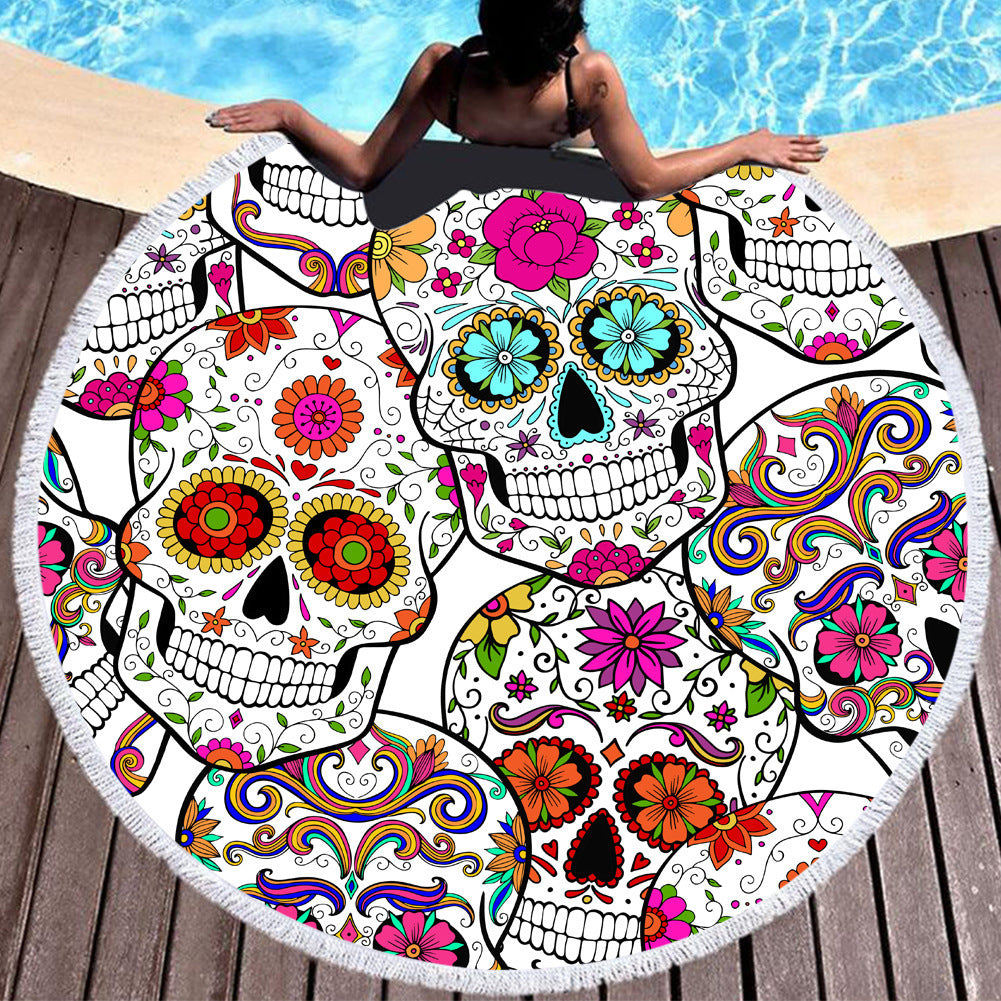 Toalla de playa redonda de algodón y fibra con motivos Mexicanos, ideal para disfrutar en la piscina, en la playa y gran tamaño para usar sobre la arena.
