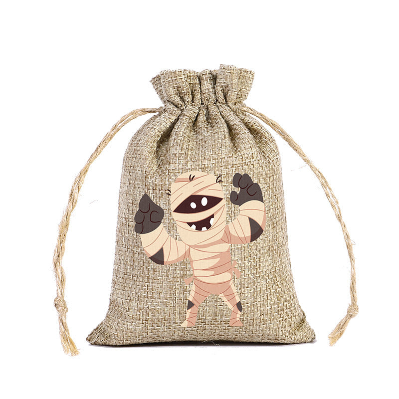 Bolsa de Dulces de Halloween 🍬 – Lino con Cordón y Diseños Terrorífico