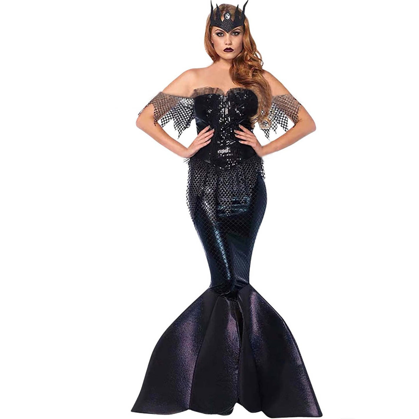 Disfraz de Sirena de razo y seda con encajes, Sirena Sexy en color negro y multicolor, Disfraz de mujer adulto