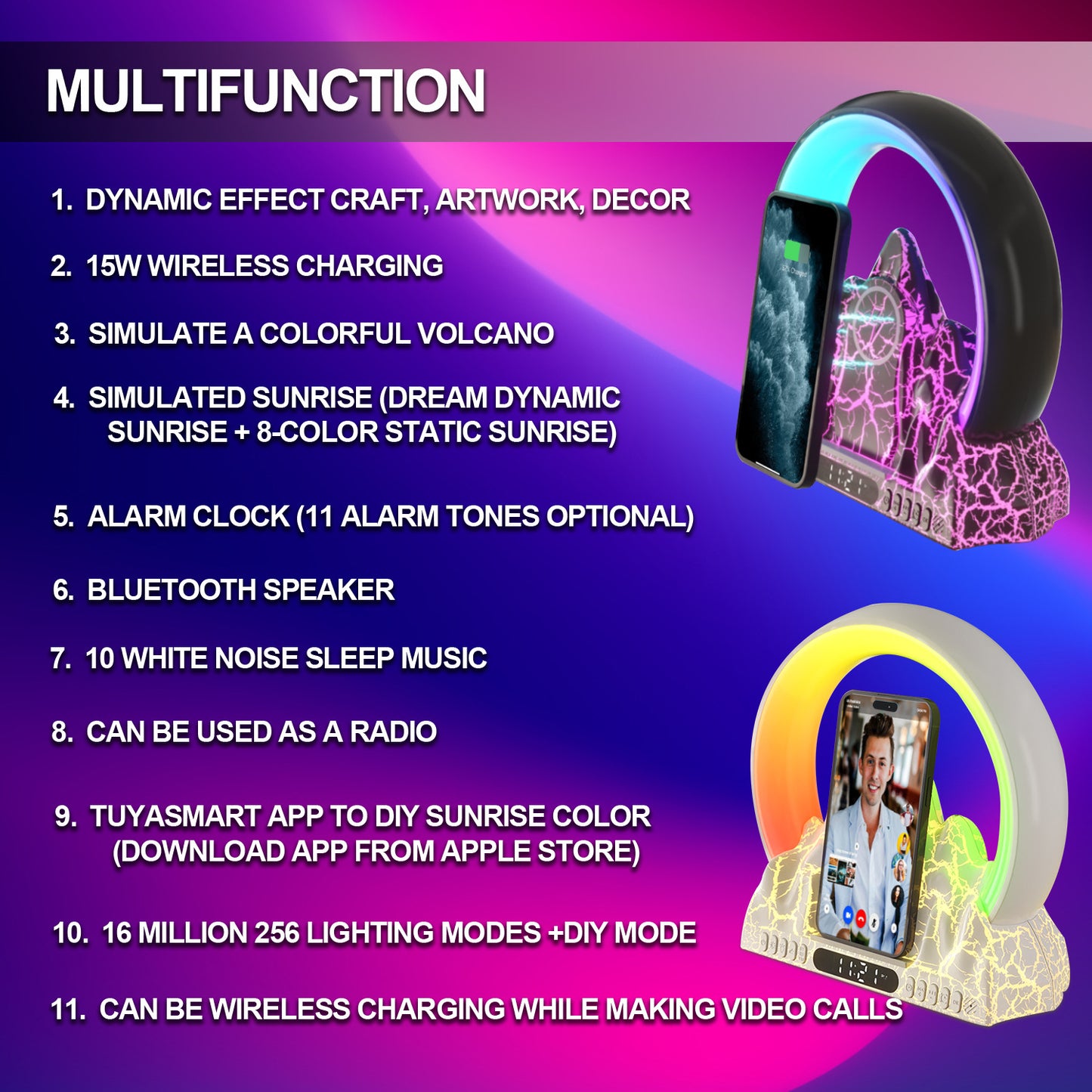 Reloj despertador de carga inalámbrico Colorful Flame Mountain, multifuncional con Luz LED distintos colores de proyección
