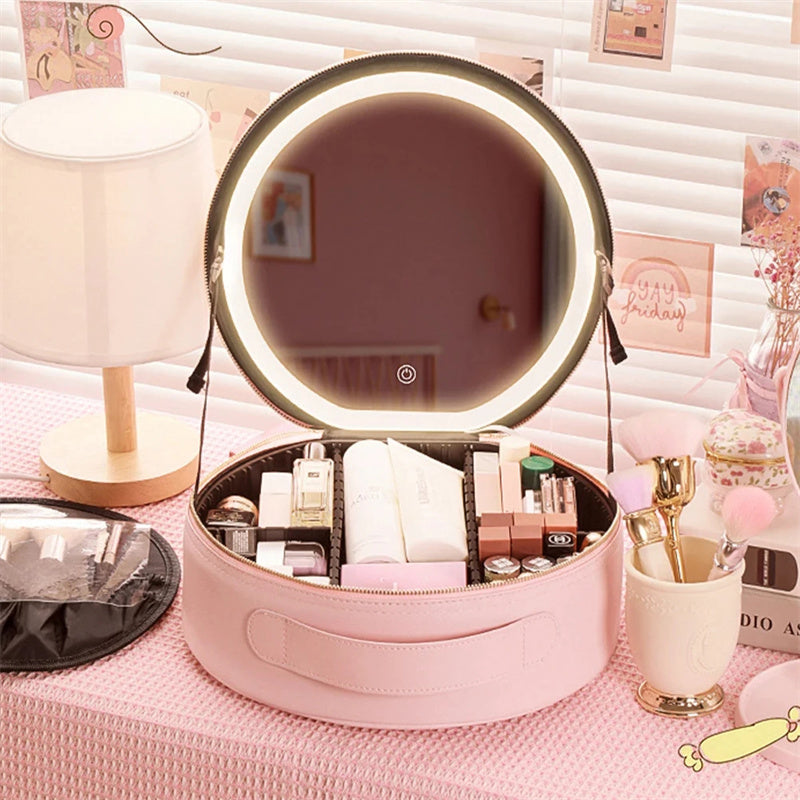 Maleta para maquillaje, Porta cosméticos con luz LED, caja de maquilla con luz inteligente en forma redonda