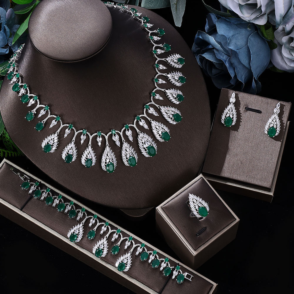 Joyería nupcial de circón brillante traje joyería de mujer, conjunto de piedras preciosas, Collar+colgantes*1 par+anillo+pulsera