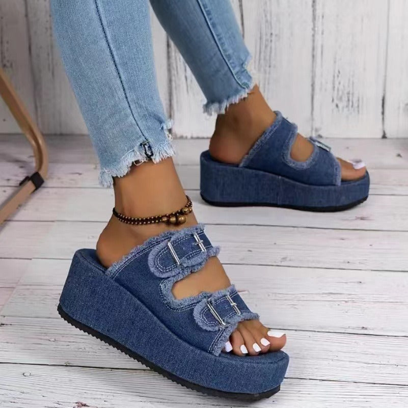 Sandalias de mezclilla de moda para verano, con plataforma de 5 cm, zapatillas
