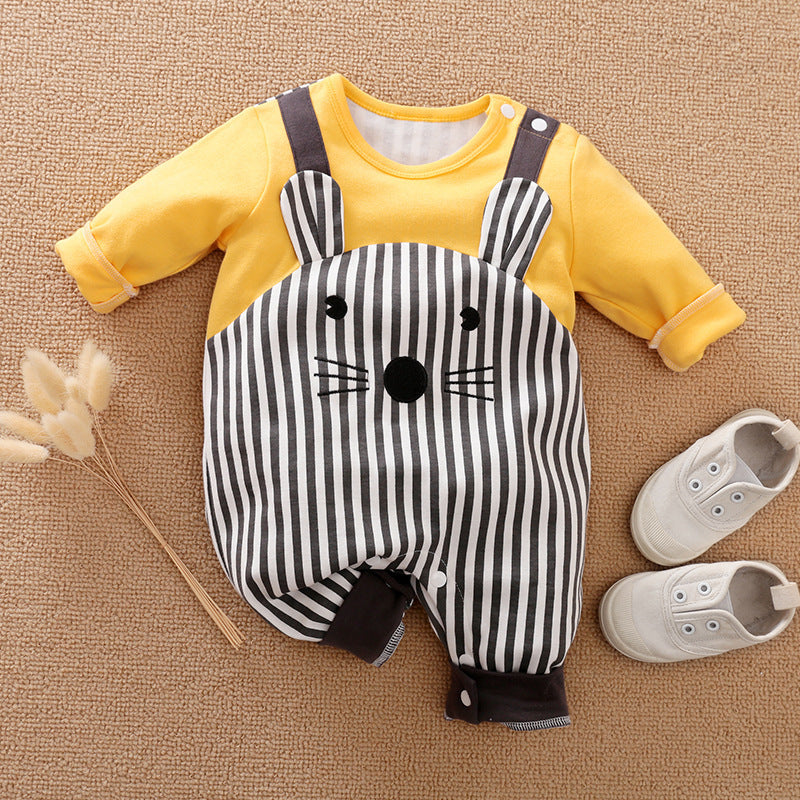 Jumpsuit oreja 3D con estampado de rayas con figura de ratón, Mono de bebé a rayas de algodón