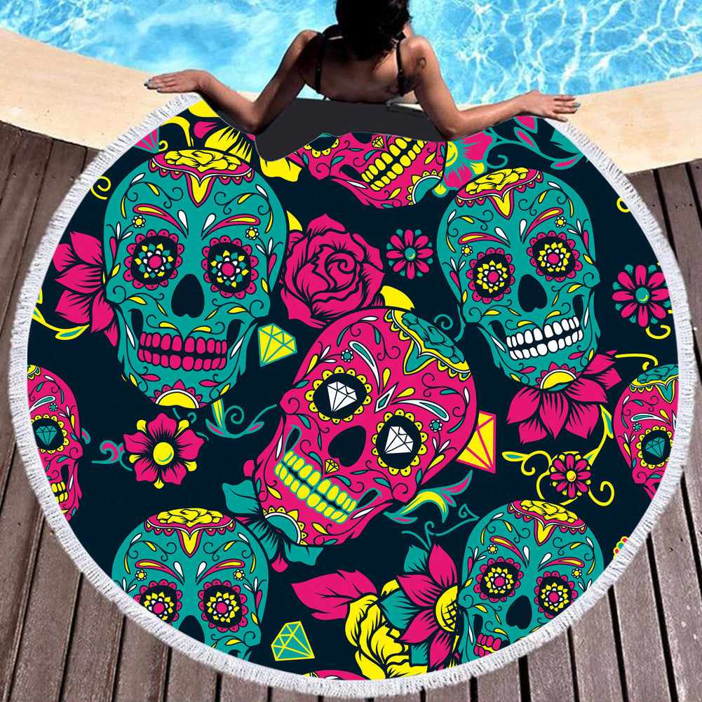 Toalla de playa redonda de algodón y fibra con motivos Mexicanos, ideal para disfrutar en la piscina, en la playa y gran tamaño para usar sobre la arena.