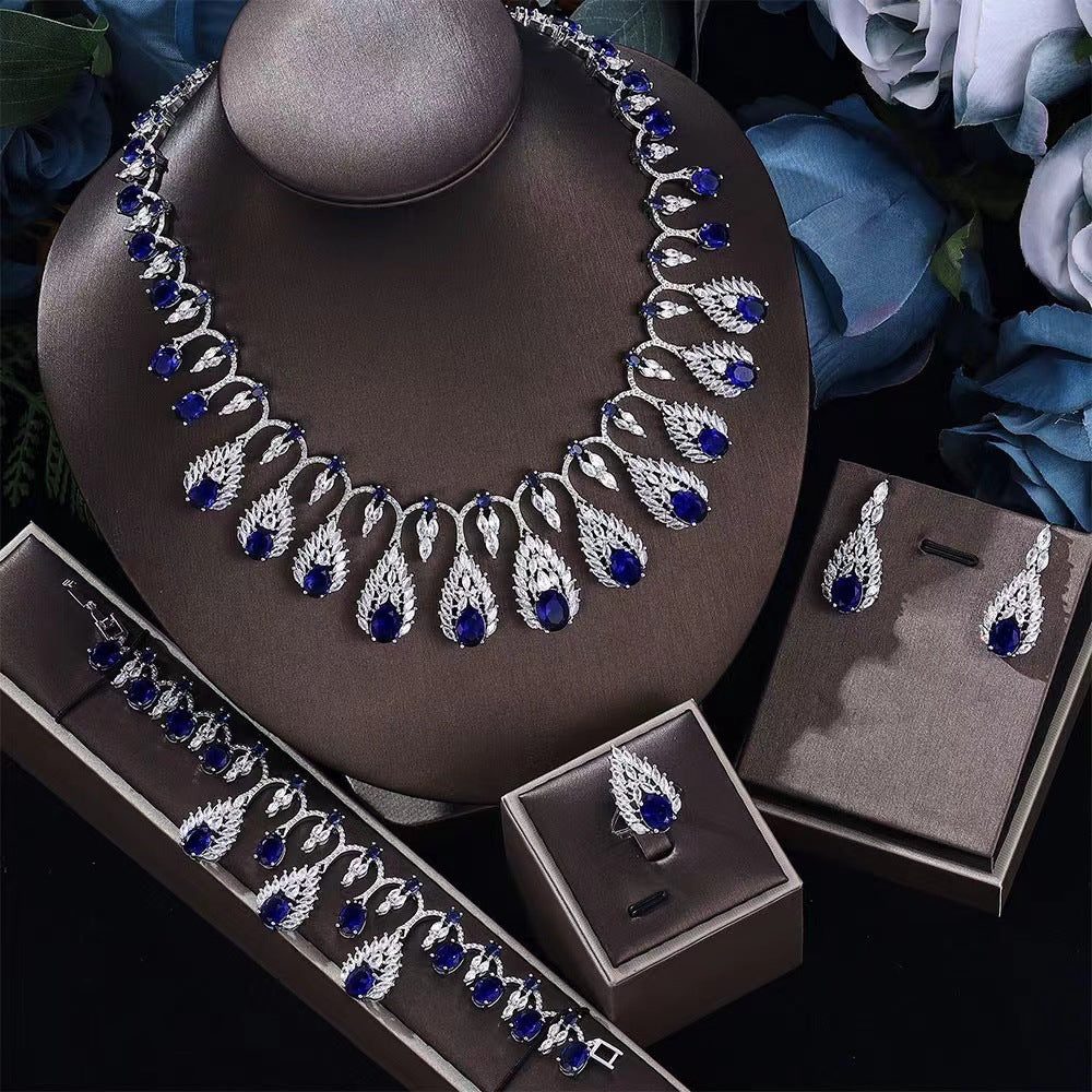 Joyería nupcial de circón brillante traje joyería de mujer, conjunto de piedras preciosas, Collar+colgantes*1 par+anillo+pulsera