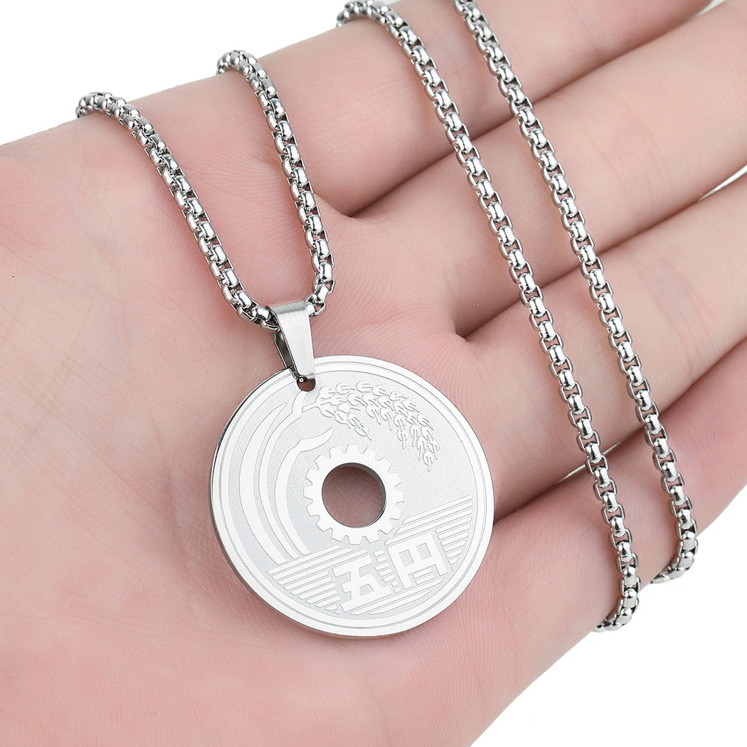 Collar de moneda japonesa para la a suerte, moneda de 5 yenes, joyería de acero inoxidable de círculo redondo