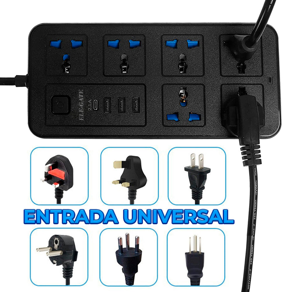 Power Bar con 6 Tomas AC y 4 Puertos USB (USB-C) – Protección Contra Sobretensiones y Carga Rápida