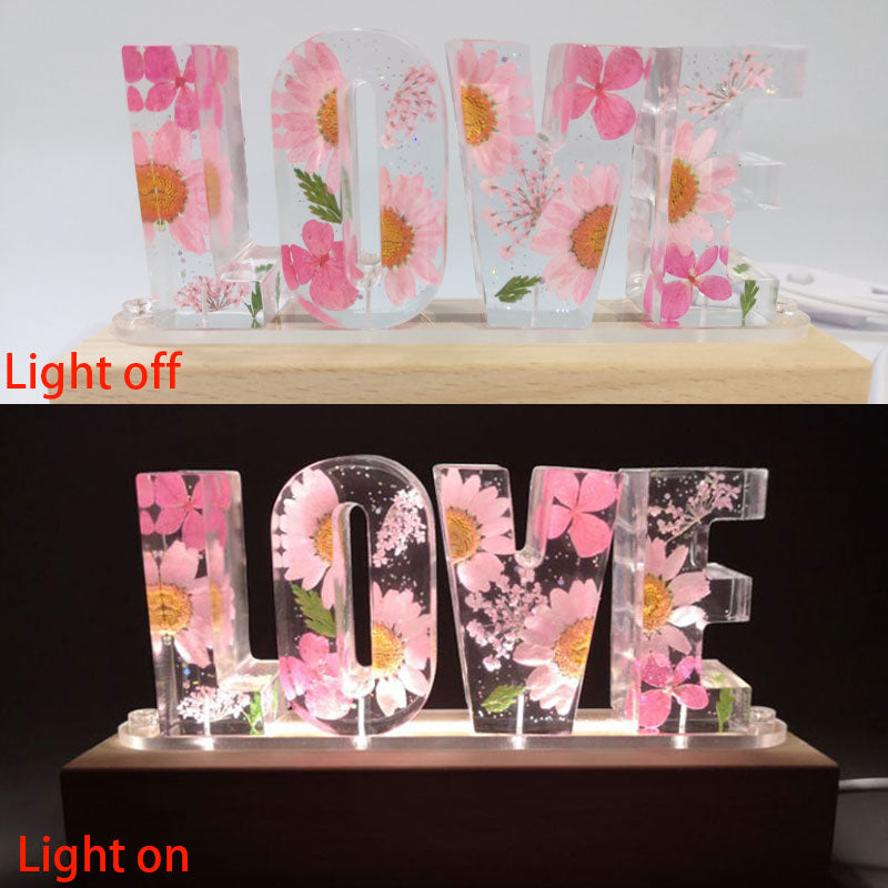 Lámpara de mesa con letras de amor, luz nocturna creativa con flores secas Luz LED decorativa