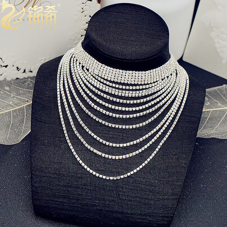 Collar de cadena con borlas de diamantes de imitación, gargantilla brillante varias vueltas en plateado