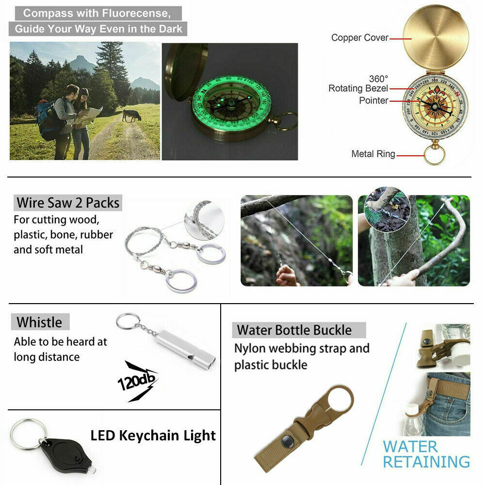 Kit de supervivencia de camping 4 en 1 para exteriores, equipo táctico para acampar, SOS